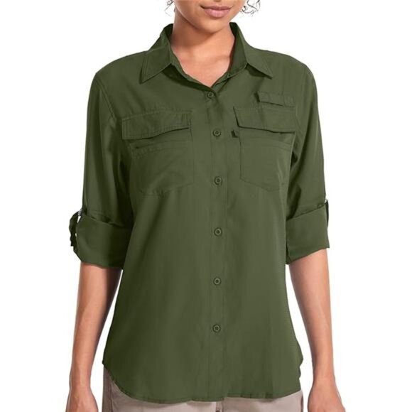 Women's UPF 50 UV Sun Protection Long Sleeve Safari Shirts Quick Dry Hiking - Picture 7 of 7